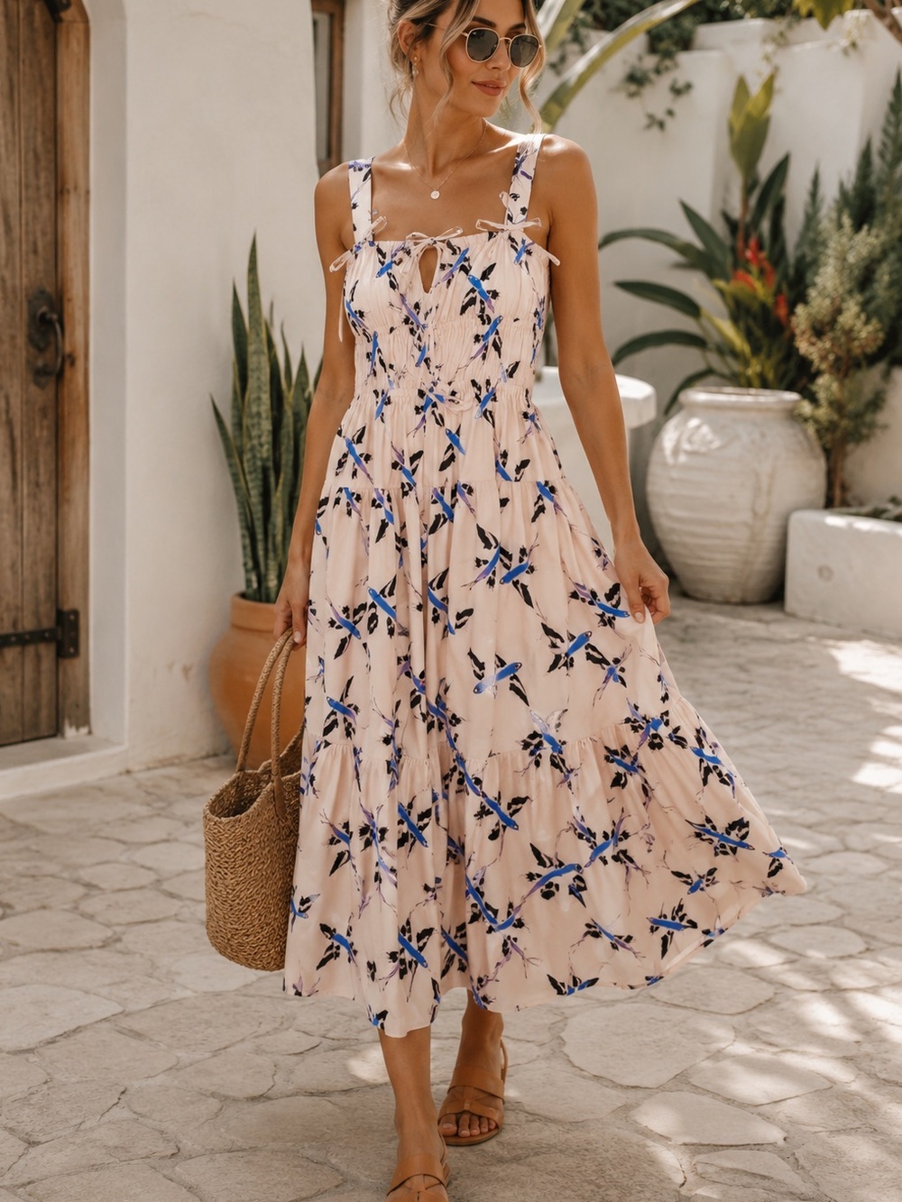 Lulo Project Flying Fish Print Smocked Midi Dress Tie Shoulder Straps Size XS/S